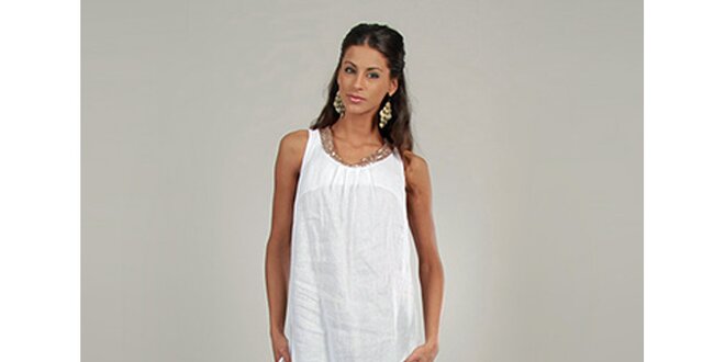 Dámské bílé lněné šaty s třpytivým výstřihem Lin Nature