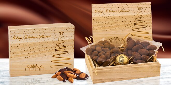 Dřevěná krabička s čokoládovými delikatesami