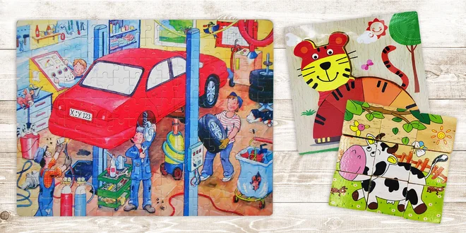 Dětské dřevěné hračky: Puzzle, kostky i skládačky