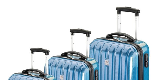 Set tří modrých lesklých pevných kufrů na kolečkách Valisa