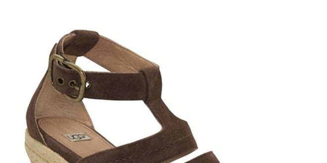 Dámské čokoládové kožené sandálky Ugg s jutovým klínem
