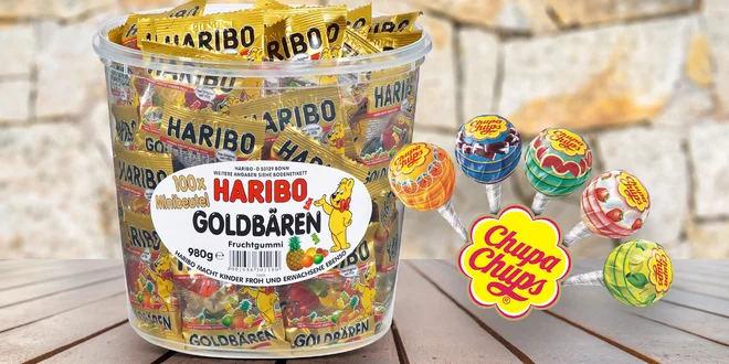 Kyblík Haribo medvídků a Chupa Chups lízátka