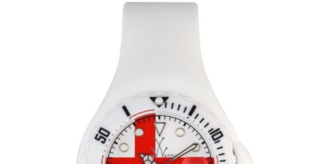 Bílé hodinky Toy s červeným křížem a silikonovým páskem