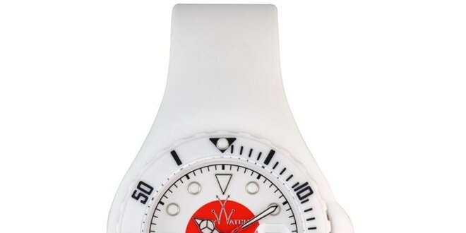Bílé hodinky Toy s motivem japonské vlajky a silikonovým páskem
