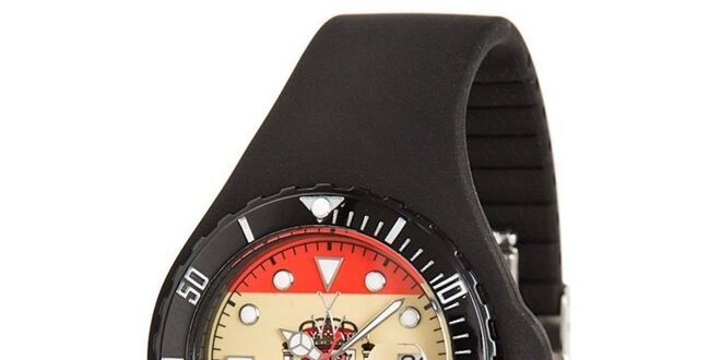 Černé hodinky Toy s motivem španělské vlajky a silikonovým páskem