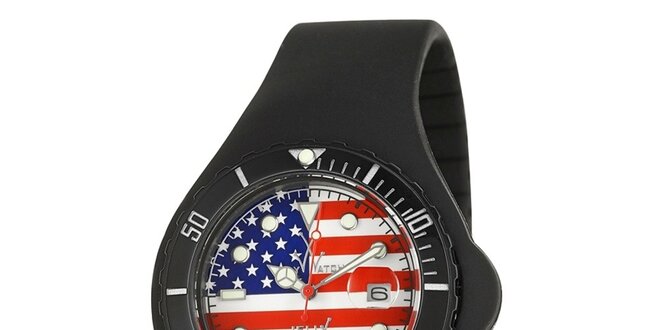 Černé hodinky Toy s motivem americké vlajky a silikonovým páskem
