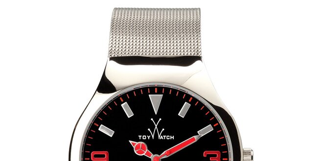 Stříbrné analogové hodinky s červenými detaily Toy