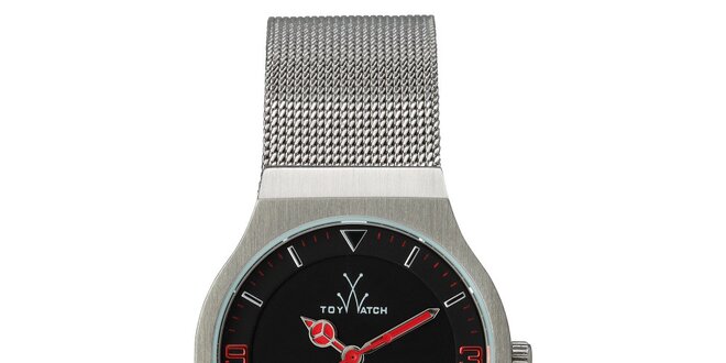 Stříbrné analogové hodinky s červenými detaily Toy