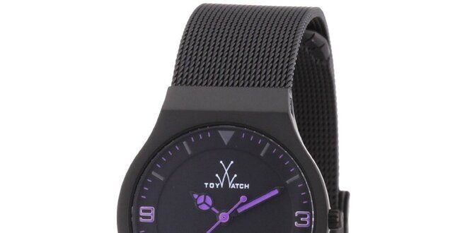 Černé analogové hodinky s fialovými detaily Toy