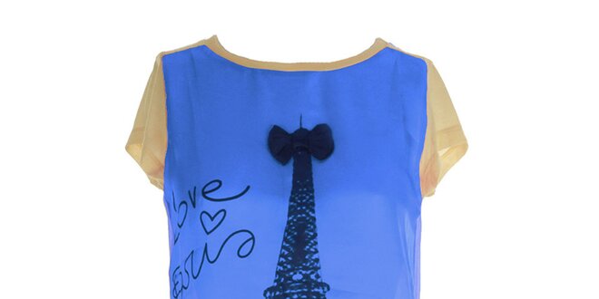 Dámské modro-béžové triko s potiskem Eiffelovky Mlle Agathe