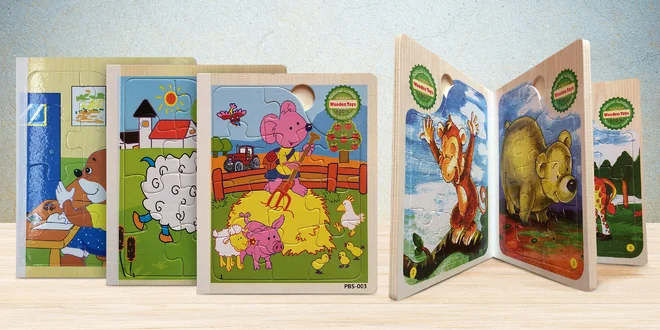 6 dětských puzzle skládanek ve dřevěném albu