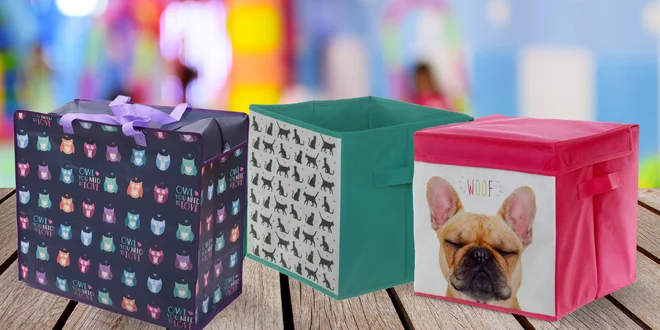 Látkové úložné boxy a tašky v několika motivech