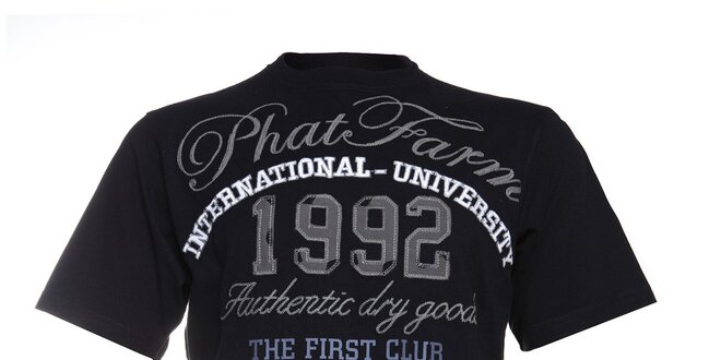 Pánské černé tričko Phat Farm s bílo-šedým potiskem a nášivkou