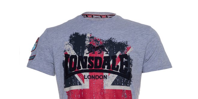 Pánské šedé melírované tričko Lonsdale s potiskem britské vlajky
