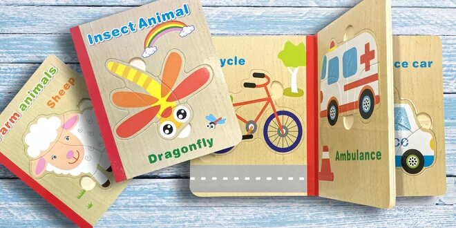 Dětská dřevěná puzzle knížka: 6 veselých motivů