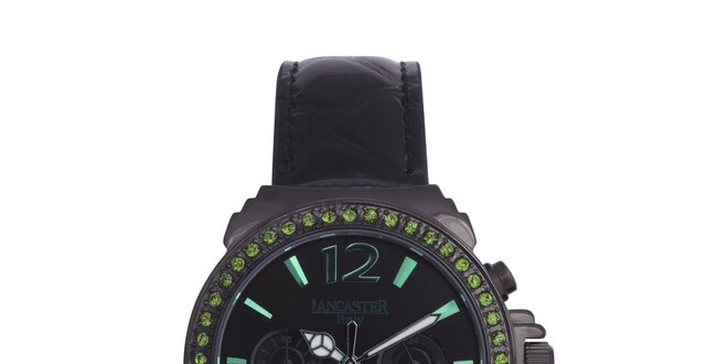 Dámské černé hodinky se zelenými kamínky a koženým řemínkem Lancaster