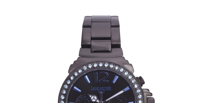 Dámské černé ocelové hodinky s modrými kamínky Lancaster