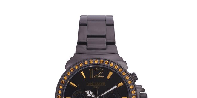 Dámské černé ocelové hodinky s oranžovými kamínky Lancaster
