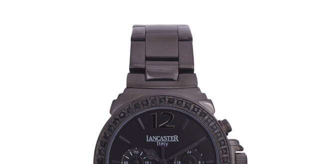 Dámské černé ocelové hodinky s černými kamínky Lancaster