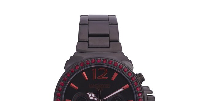 Dámské černé ocelové hodinky s rudými kamínky Lancaster