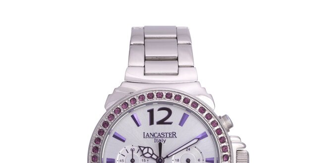 Dámské stříbrné ocelové hodinky s fialovými kamínky Lancaster