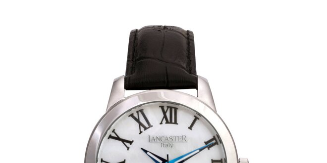 Dámské stříbrné hodinky s černým koženým řemínkem a kulatým ciferníkem Lancaster
