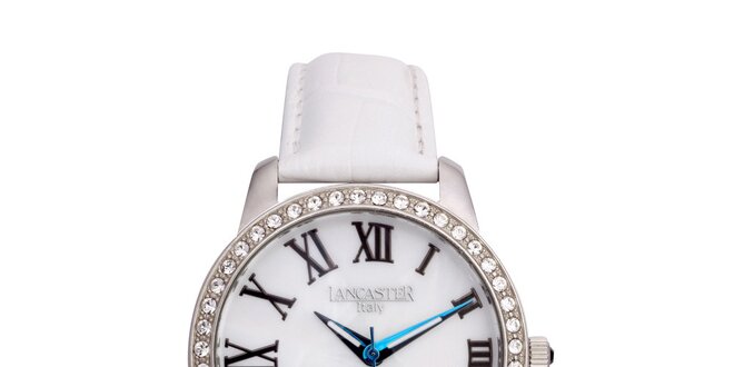 Dámské stříbrné hodinky s bílým koženým řemínkem Lancaster