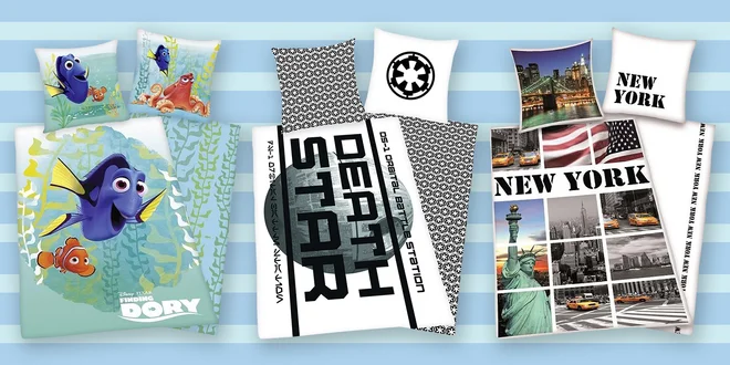 Povlečení s motivem filmů, pohádek i měst