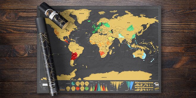 Černá stírací mapa světa pro vášnivé cestovatele