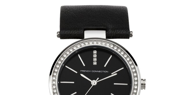 Dámské kulaté černostříbrné hodinky s krystalky French Connection