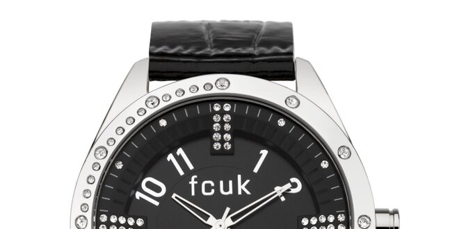 Dámské černo-stříbrné analogové hodinky zdobené krystaly French Connection