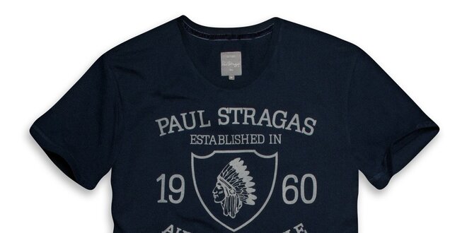 Pánské indigově modré bavlněné tričko s potiskem Paul Stragas