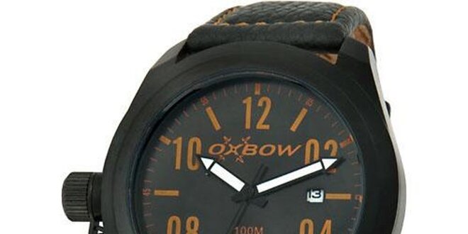 Pánské černé analogové hodinky s okrovými detaily Oxbow