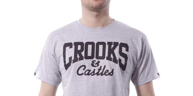 Pánské světle šedé melírované tričko Crooks & Castles s černým potiskem