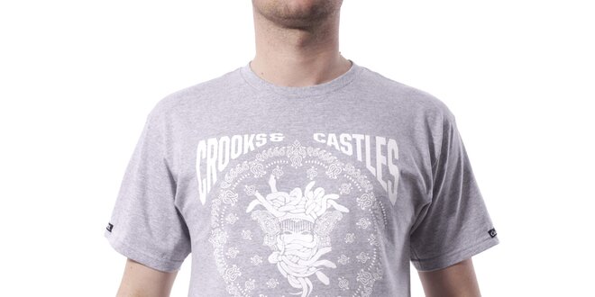 Pánské světle šedé melírované tričko Crooks & Castles s bílým potiskem