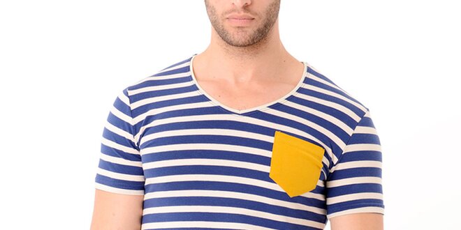 Pánské modro-béžové pruhované tričko se žlutou kapsou Wessi