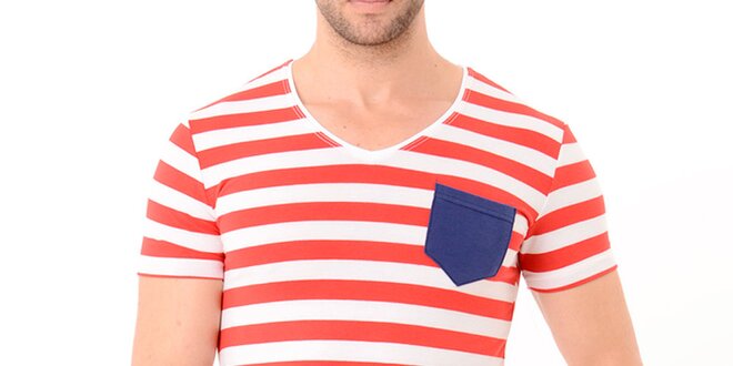 Pánské červeno-bílé pruhované tričko s modrou kapsou Wessi