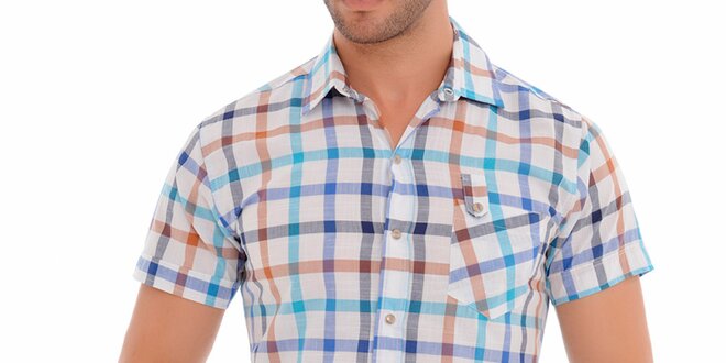 Pánská modro-bílá kostkovaná košile s okrovými detaily Wessi