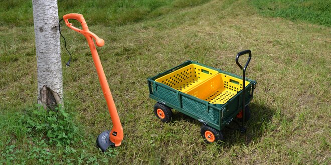 Sada pro údržbu trávníku: Sekačka a vozík