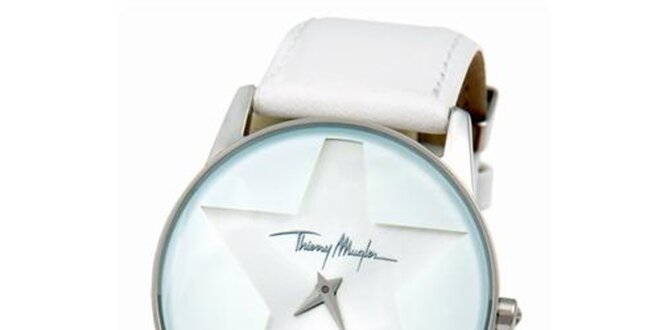 Dámské bílé ocelové hodinky s koženým řemínkem Thierry Mugler