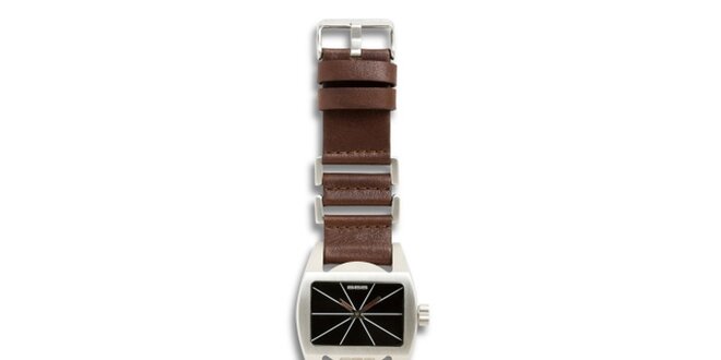 Dámské ocelové hodinky s hnědým koženým řemínkem a černým ciferníkem 666 Barcelona