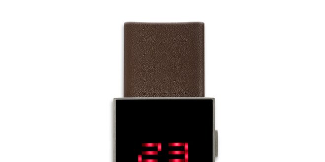 Černé hranaté digiální hodinky 666 Barcelona s hnědým řemínkem