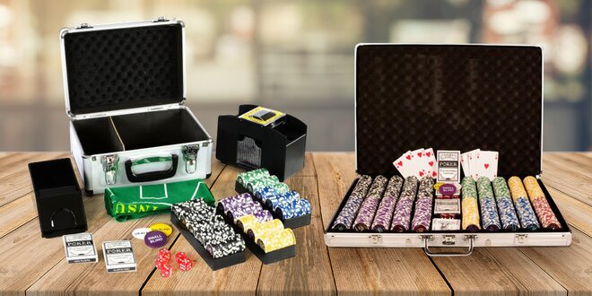 Pokerové sety v kufru: míchačka i 1000 ks žetonů