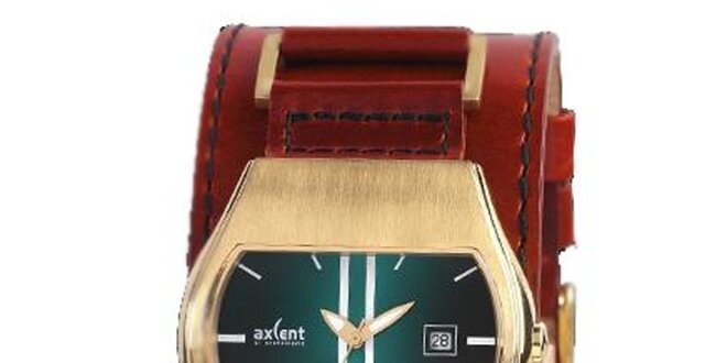 Pozlacené ocelové hodinky s hnědým koženým řemínkem Axcent