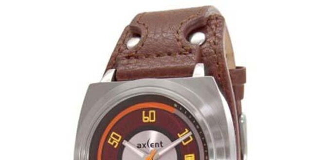 Ocelové hodinky s hnědým koženým páskem Axcent