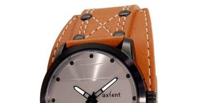 Kulaté ocelové analogové hodinky s oranžovým páskem Axcent
