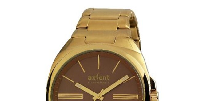 Pánské pozlacené ocelové hodinky s hnědým kulatým analogovým ciferníkem Axcent