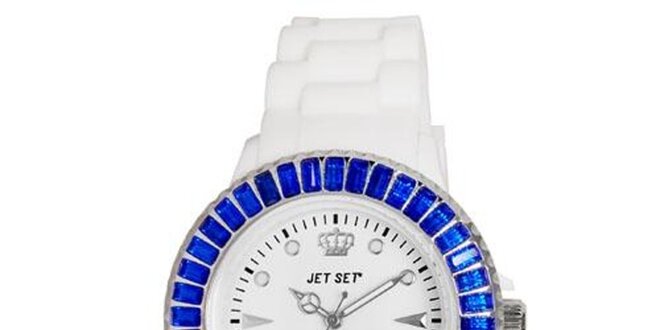 Bílé sportovní hodinky s modře orámovaným ciferníkem Jet Set