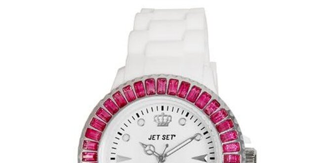 Bílé sportovní hodinky s růžově orámovaným ciferníkem Jet Set