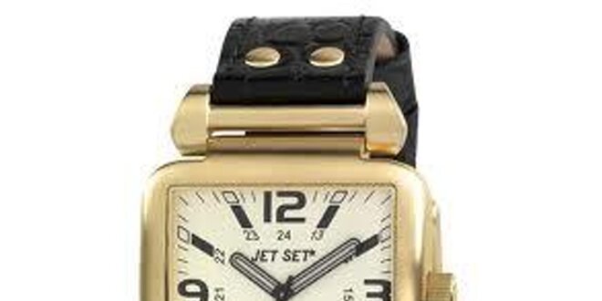 Zlaté hranaté hodinky s černým koženým páskem Jet Set